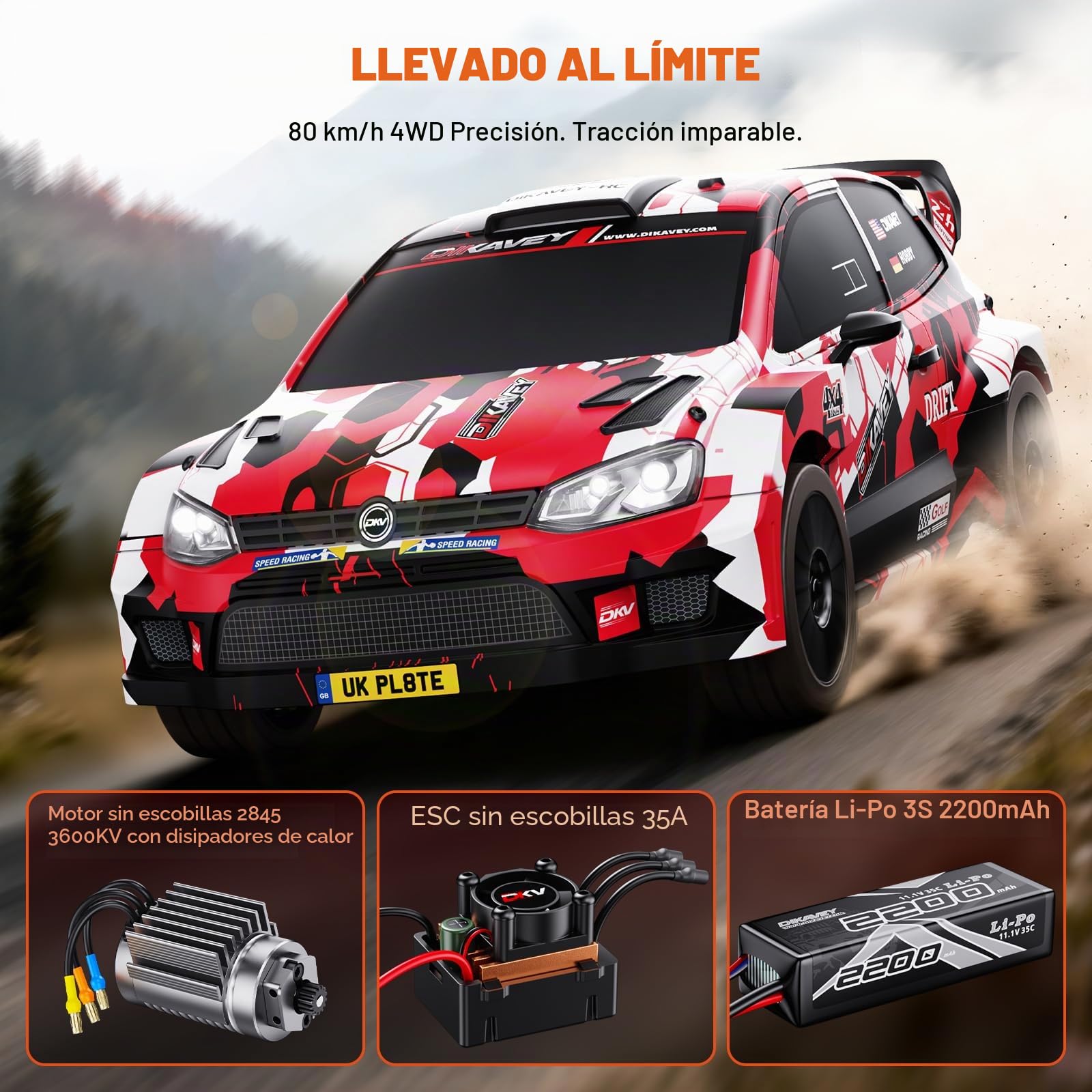 Coche radiocontrol RTR 1:12, Velocidad máx. 80 km/h, Coche de Drift con Giroscopio 4x4, Motor brushless, Batería 3S 2200 mAh, Coche teledirigido 4WD para Adultos - Naranja