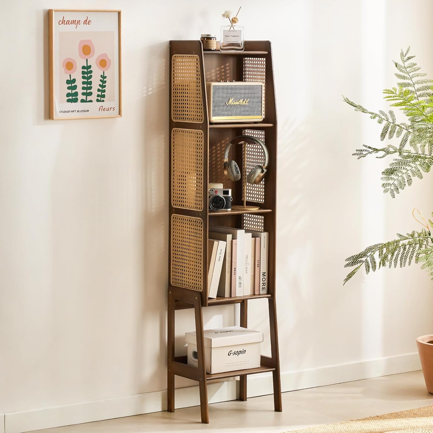 Welnow Bamboo Rattan Bookcase with Cabinet, 3-Tier Storage Shelf with Side Table & End Table Function, Large Modern Wood Organizer for Living Room or Bedroom, Walnut Bookshelf