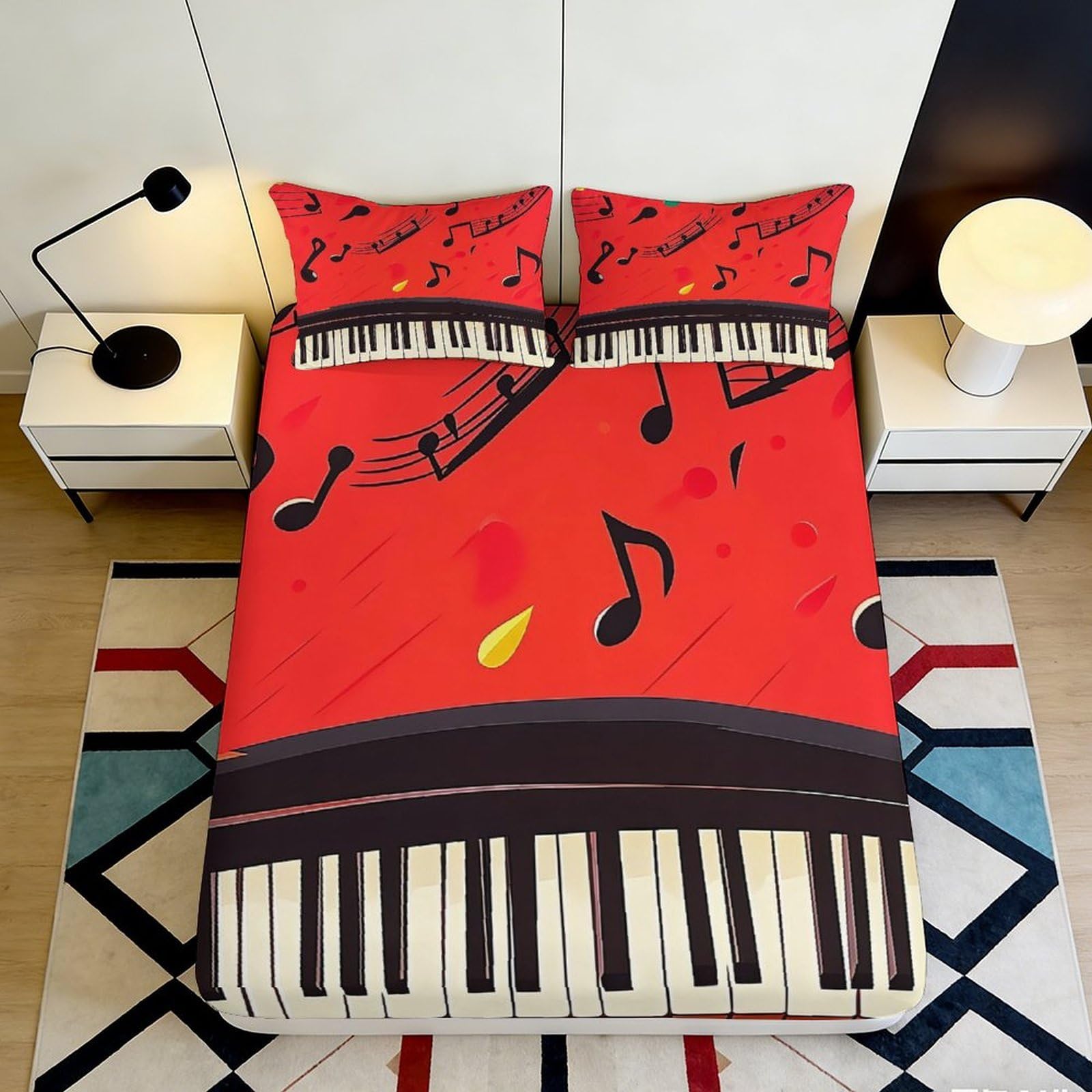 3D Printed Music Notes Fitted Sheet Microfiber Soft Breathable Piano Keys Bed Cover for Bedroom Dormitory Guest Room Mattress Protection Decor 140x200x25cm