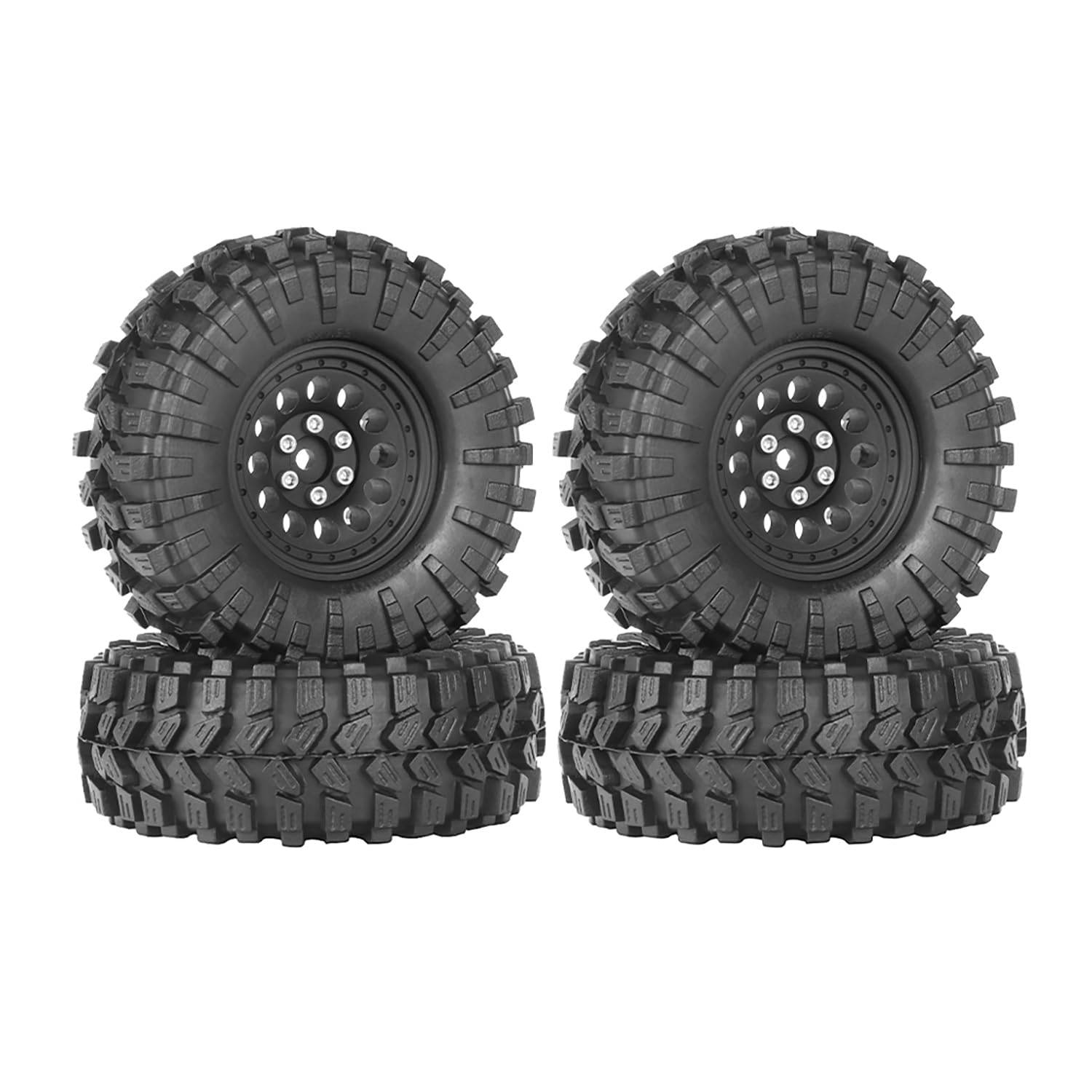 KINGCOO 4PCS 1.33" Aluminum Alloy Beadlock Wheel Rims All-Terrain Tyre 70mm Rubber Tires Set with 5mm & 7mm Hex for 1/12 1/14 1/18 1/24 RC Rock Crawler Car Upgrade Parts (C-Black)