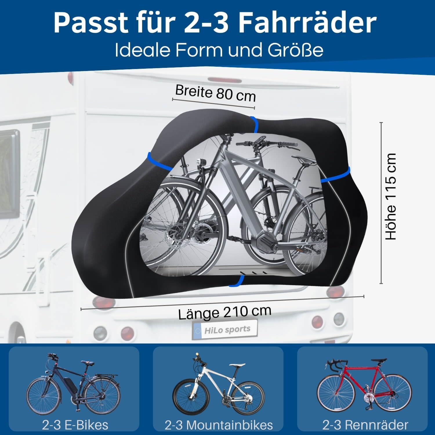 HiLo sports Fahrradschutzhülle Wohnmobil für 2 bis 3 Fahrräder - [Inkl. 2X Schnellspanner & 2X Spannseil] - Reißfeste E-Bike Abdeckplane für Wohnmobile - Fahrrad Transportschutz hinten offen
