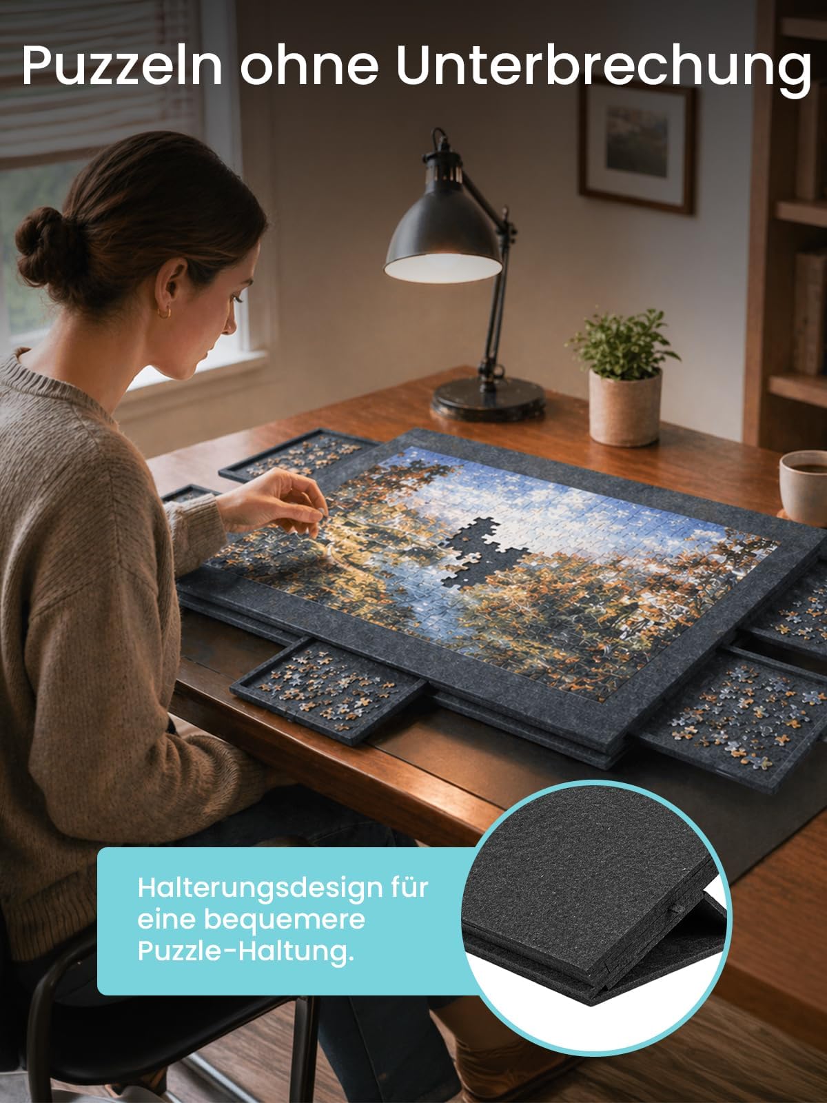 Puzzle-Aufbewahrungsbrett mit 6 Schubladen – Neigbare Puzzle-Platte aus Filz für bis zu 1000 Teile – 2-in-1 Puzzletisch mit Ständer & Abdeckung – Leicht & tragbar für Erwachsene & Kinder (Dark Grey)