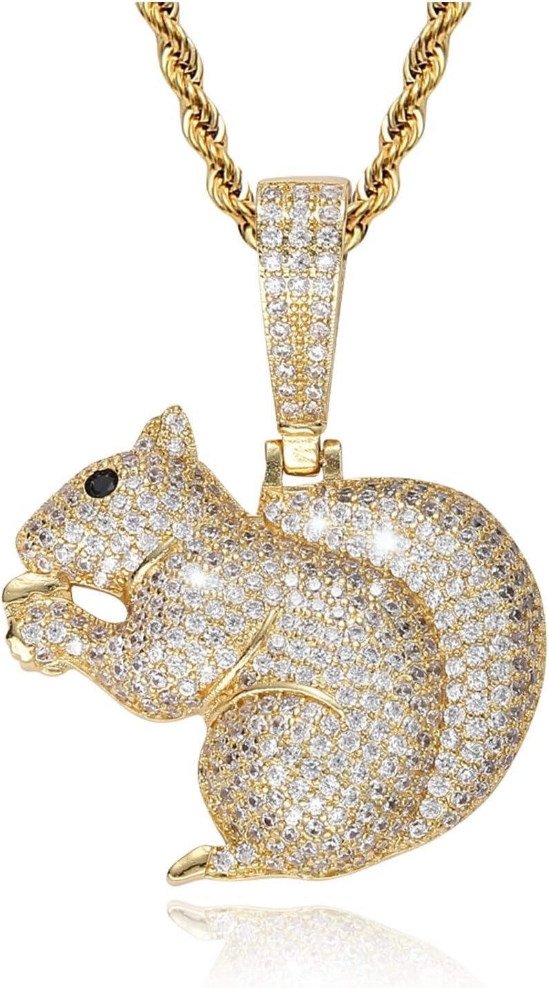 ICEDIAMOND 14K Gold Plated Bling Squirrel with Chestnut Chain Necklace, Urban Style Iced Out Shine Zirconia Cute Forest Animal Pendant, Hip Hop Charm Jewelry for Men & Women