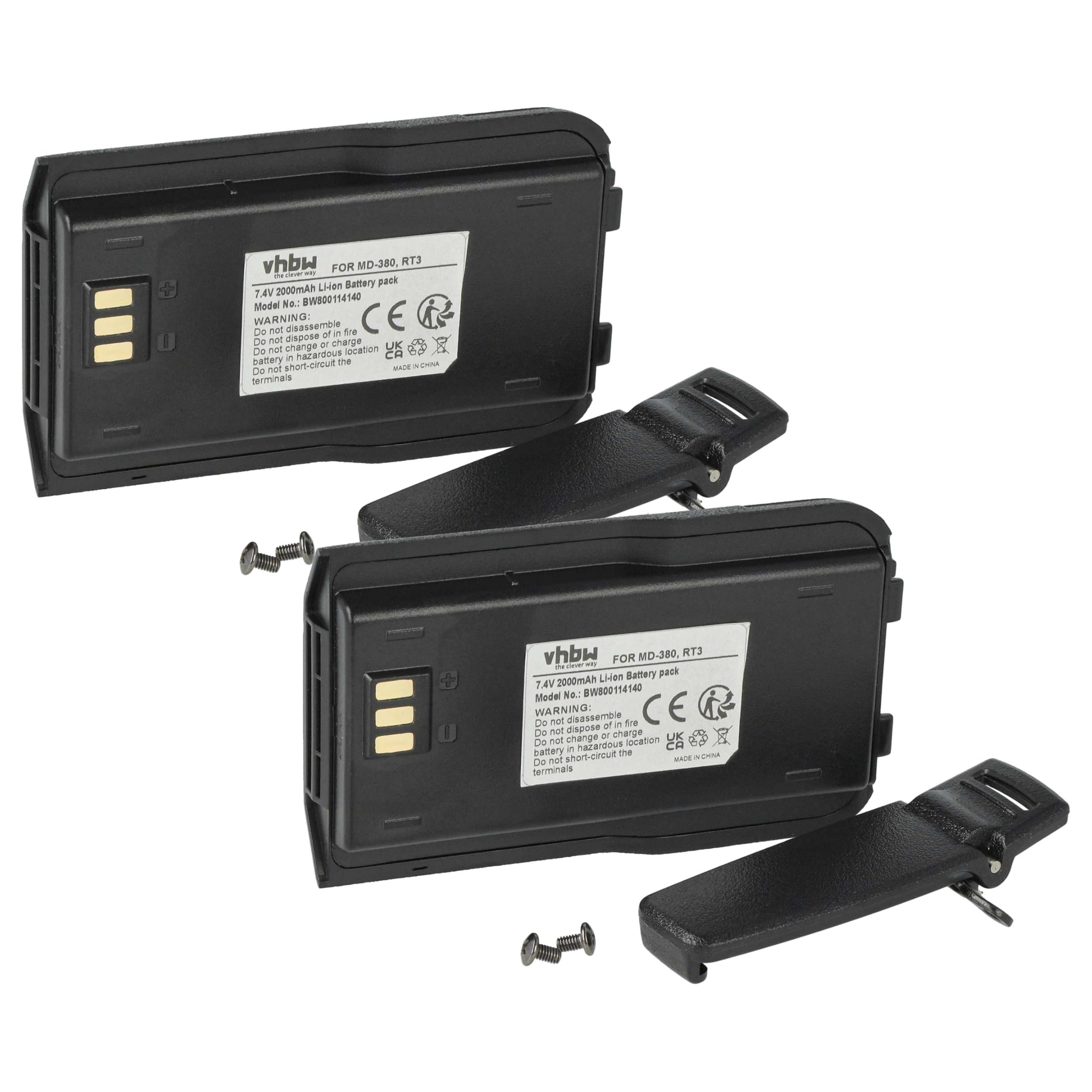 vhbw 2x batteria compatibile con TYT/Tytera MD-446, MD-380 radio (2000mAh, 7,4V, Li-Ion) + clip