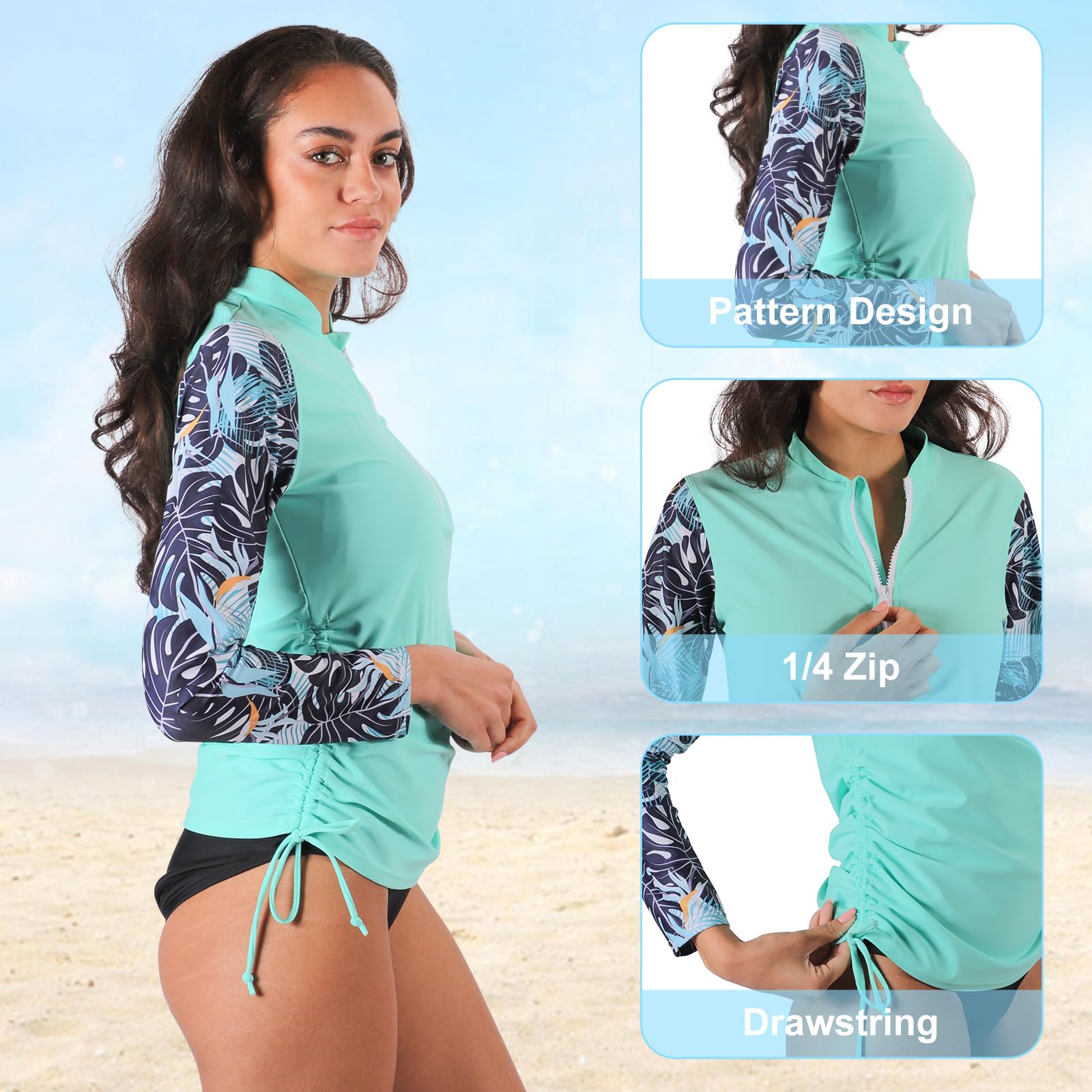 MASOCIO T Shirt Anti UV Femme à Manche Longueet et Fermeture éclair 1/4 Vêtements UPF 50+ Rashguard Surf Natation Plage Séchage Rapide