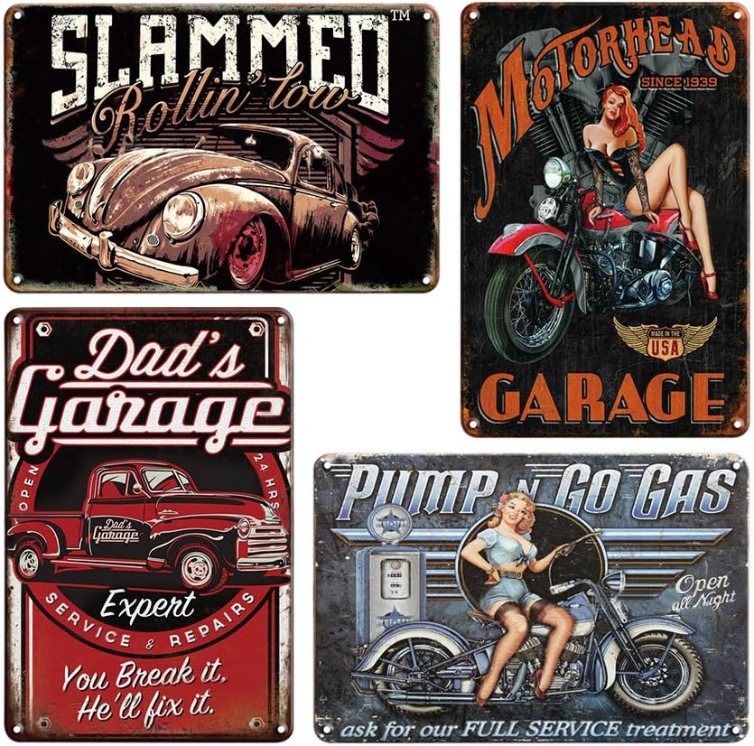 4PCS Vintage Metal Tin Wall Sign Plague Poster, Retro Car and Girl Pattern Wall Decor Art Tin Sign for Cafe Bar Pub Beer (30x20CM/11.8x7.9in)