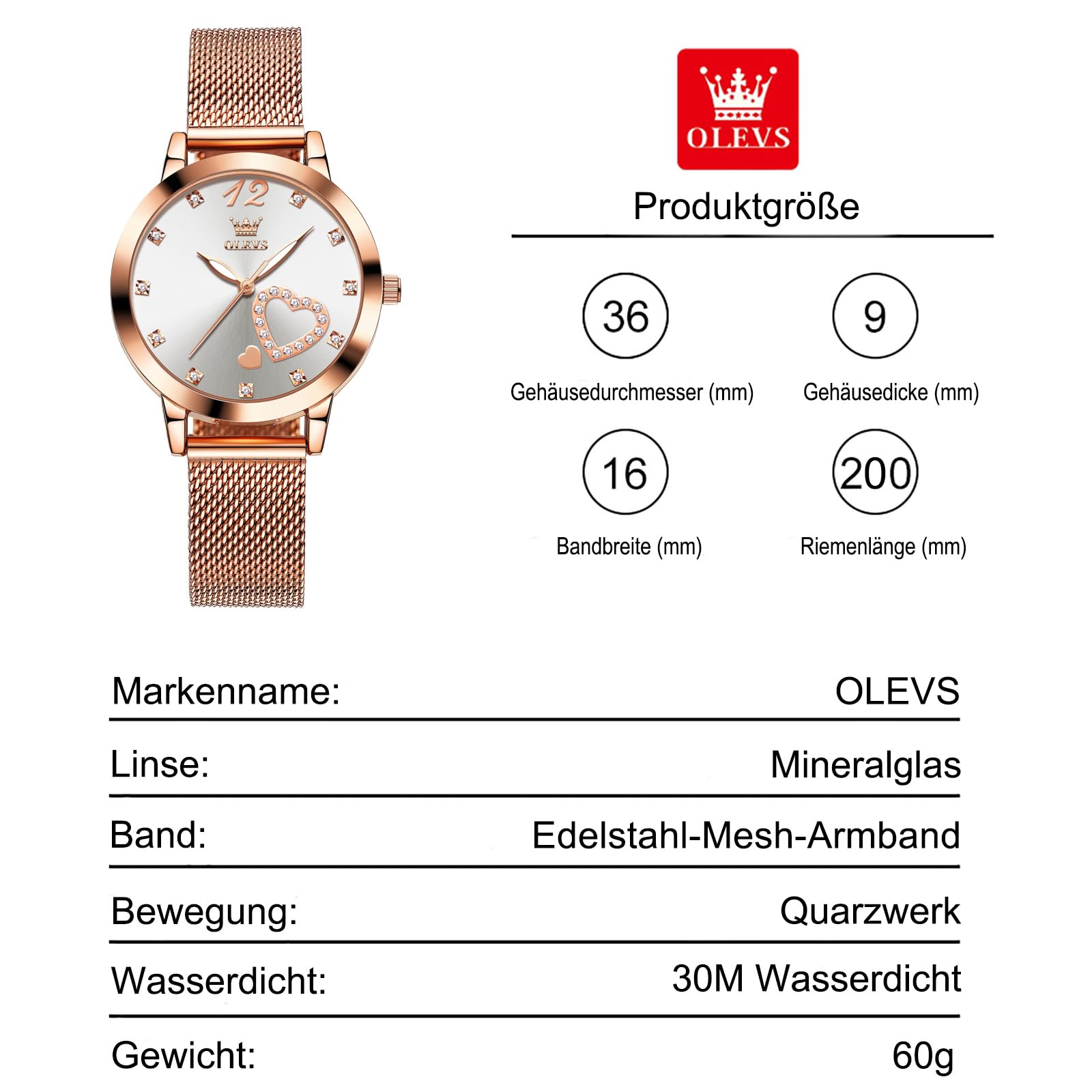 OLEVS Roségold Damenuhr Edelstahl, Lässig Klein Armbanduhr Damen Wasserdicht, Moderne Analog Uhr Damen mit Mesh Armband, Ultradünne Damen Uhr mit Diamant Herz