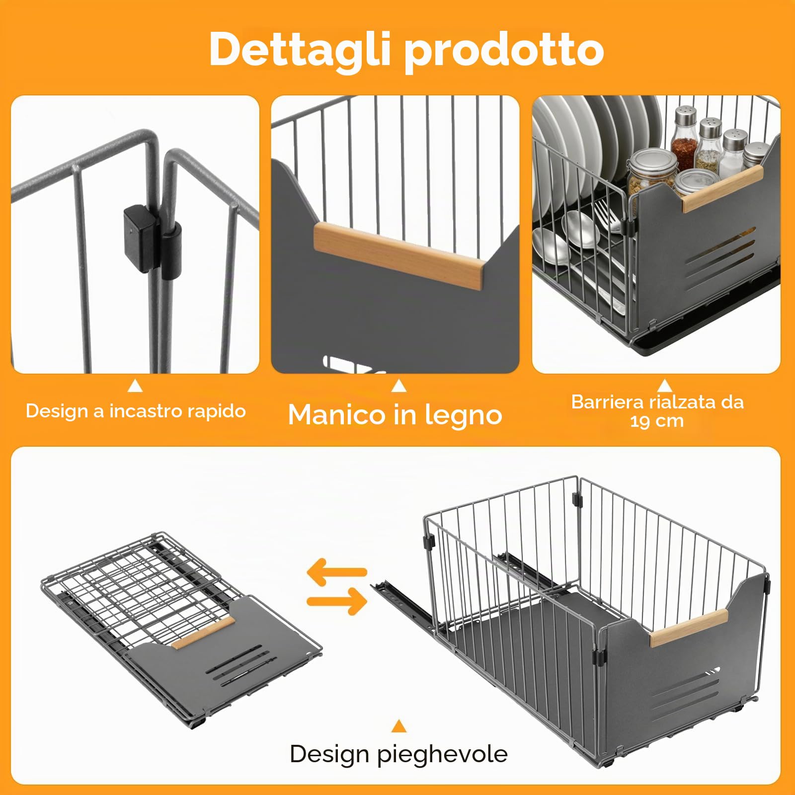 Romon Cassetto Estraibile Cucina, Set da 2 Organizzatori Armadio con Maniglie in Legno, Nero, 37,5x24,5x19 cm, Adatto per Cucina, Bagno e Salotto