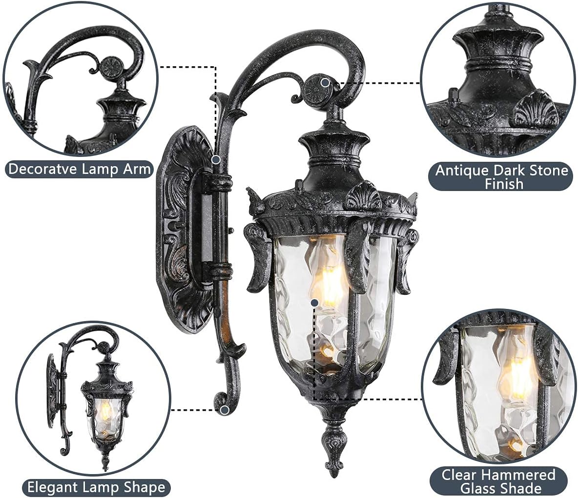 Lоwеѕt Prісе Goalplus Outdoor Wall Mount Light for Porch One-Light E26 Wall Lantern Vintage Exterior Wall Sconce with Hammered Glass, Dark Stone Finish, 17 High, IP44 Waterproof, LM2003-DNS