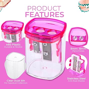 2 Pcs Pencil Sharpener with Container, Dual Holes 8mm& 8mm