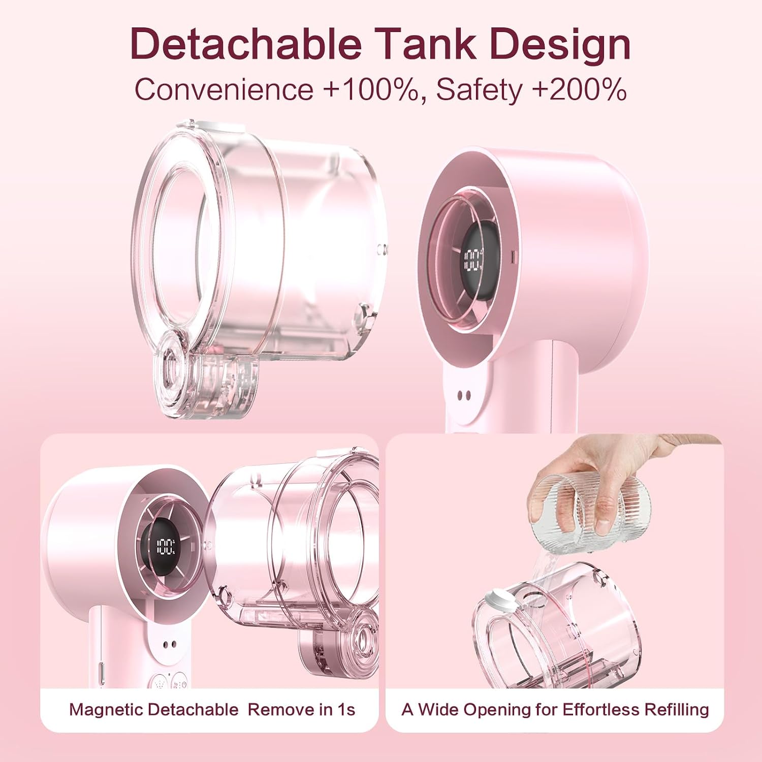 2-in-1 Handheld Misting Fan, Portable Water Spray Fan Rechargeable with 5 Speeds & LED Display, Personal Mini Cooling Fan with Detachable Tank, Summer Gifts for Women, Men - Pink image 5