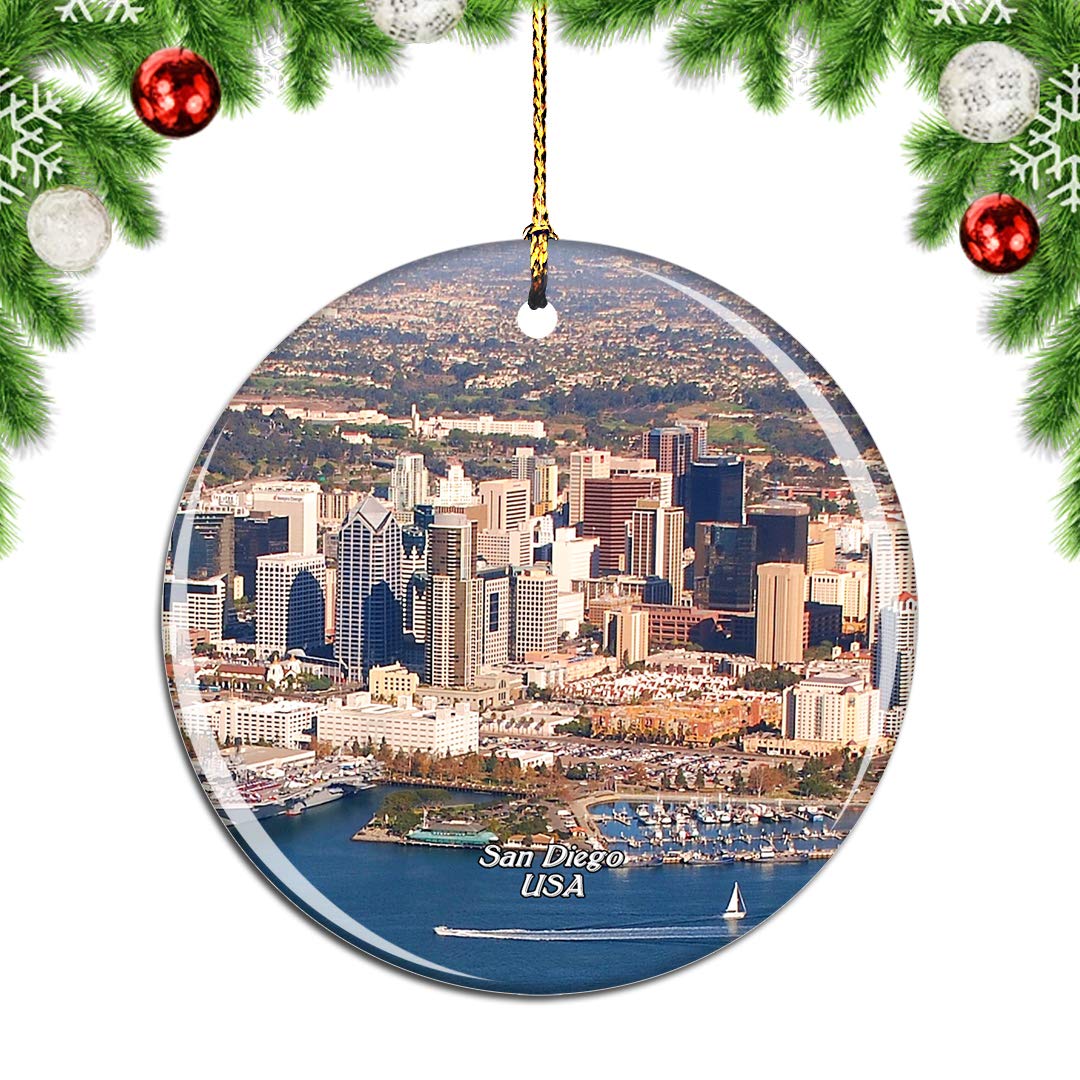 Weekino America Usa San Diego California Christmas Xmas Tree Ornament Decoration Hanging Pendant Decor City Travel Souvenir Collection Double Sided Porcelain 2.85 Inch