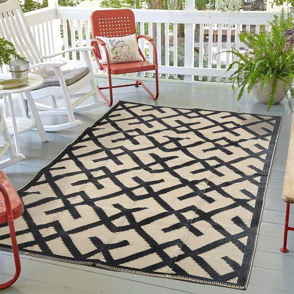 Reversible Mats - Plastic Straw Rug, Outdoor Rug, Modern Area Rugs, Large Floor Mat for Outdoors, RV, Garden, Patio, Backyard, Deck, Picnic, Beach, Camping, Black & Beige, 5' x 8'