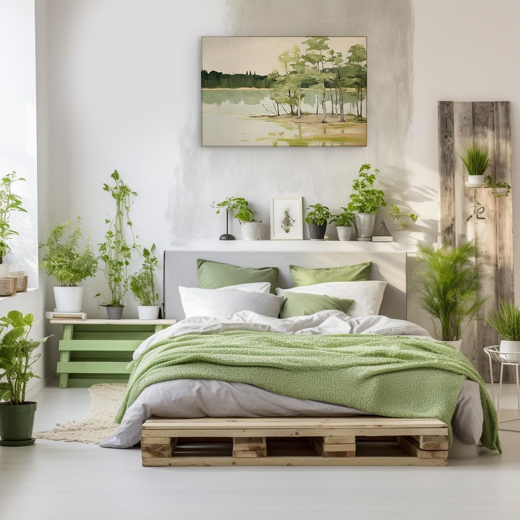 Canvas for Living room. Whispers of Serenity: A Lakeside Reverie in Greens and Yellows, 27 x 18 inch Canvas Wall Art - Beach Sunsets And Sunrises - Modern Home Decor