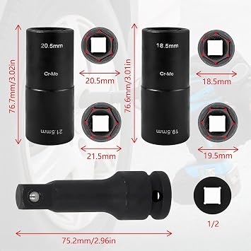 3-Piece Double Head Impact Wrench Nut Set 18.5/19.5/20.5/21.5 mm with 1/2