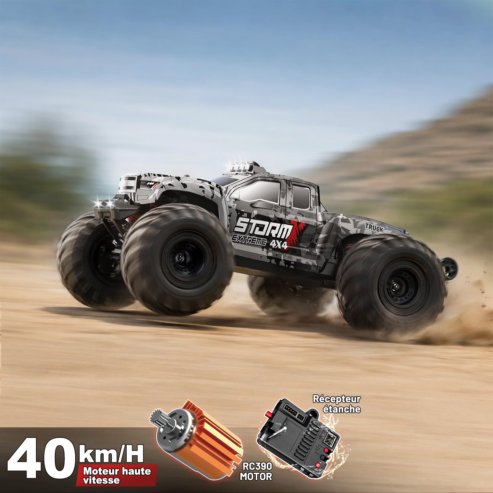 Voiture Télécommandée 1:14 4x4 Tout Terrain 40 km/h, Voiture RC Haute Vitesse avec 2 Batteries 1300mAh Rechargeables et 2 Jeux de Pneus, Voiture Télécommandée Adulte et Garçon