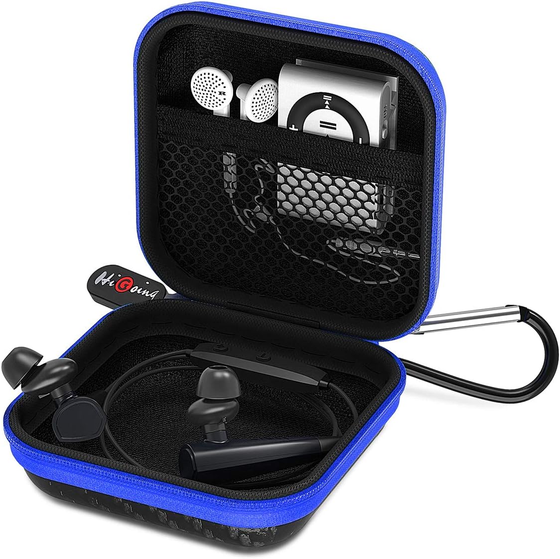 Earbud Case, HiGoing Mini Earphone Case EVA Hard Protective Carrying Case Travel Portable Pouch Storage Bag for Earset & Mini Items (Square Case with Carabiner)