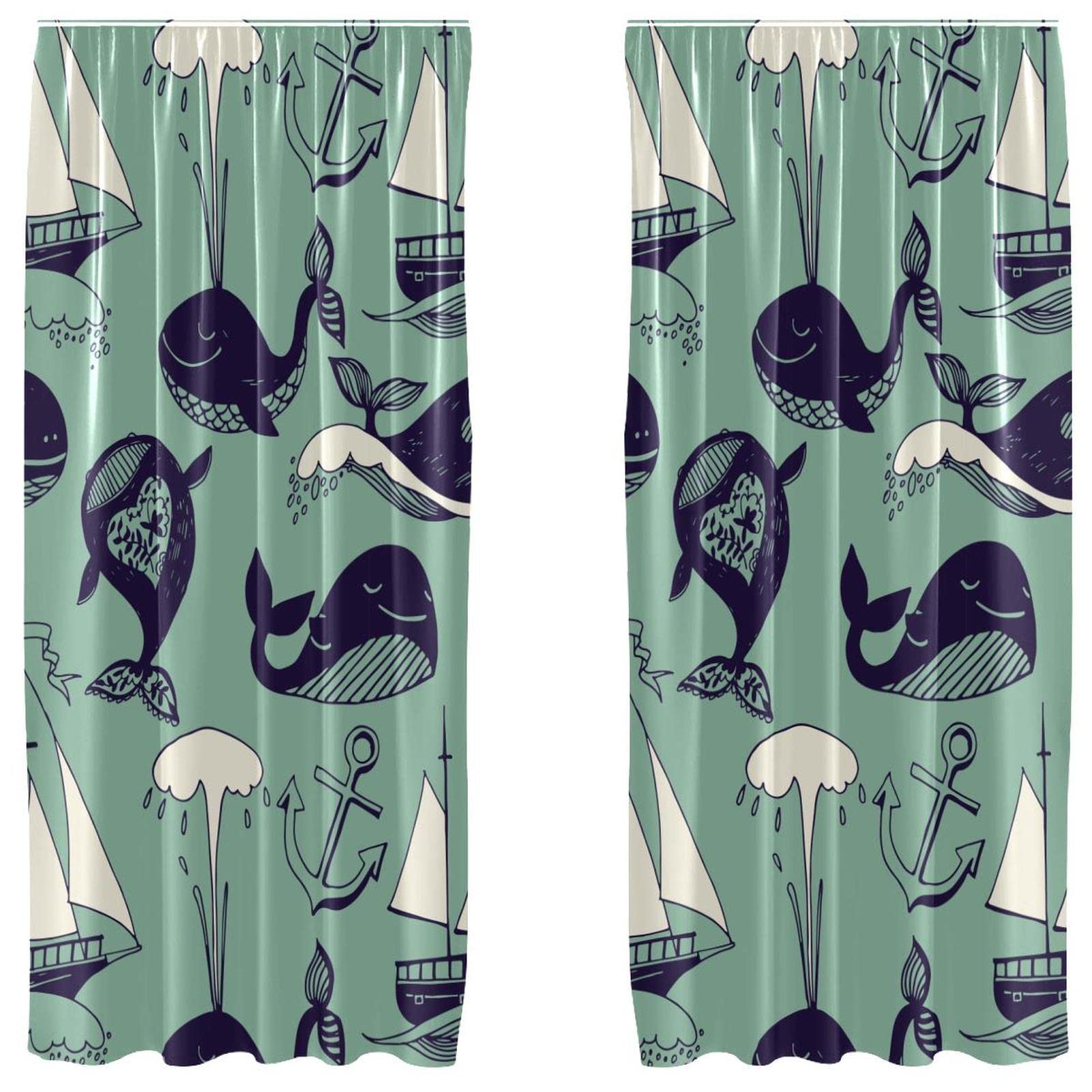 Cortinas opacas de microfibra infantiles estilo marinero con ballenas (2 paneles, 55x84")