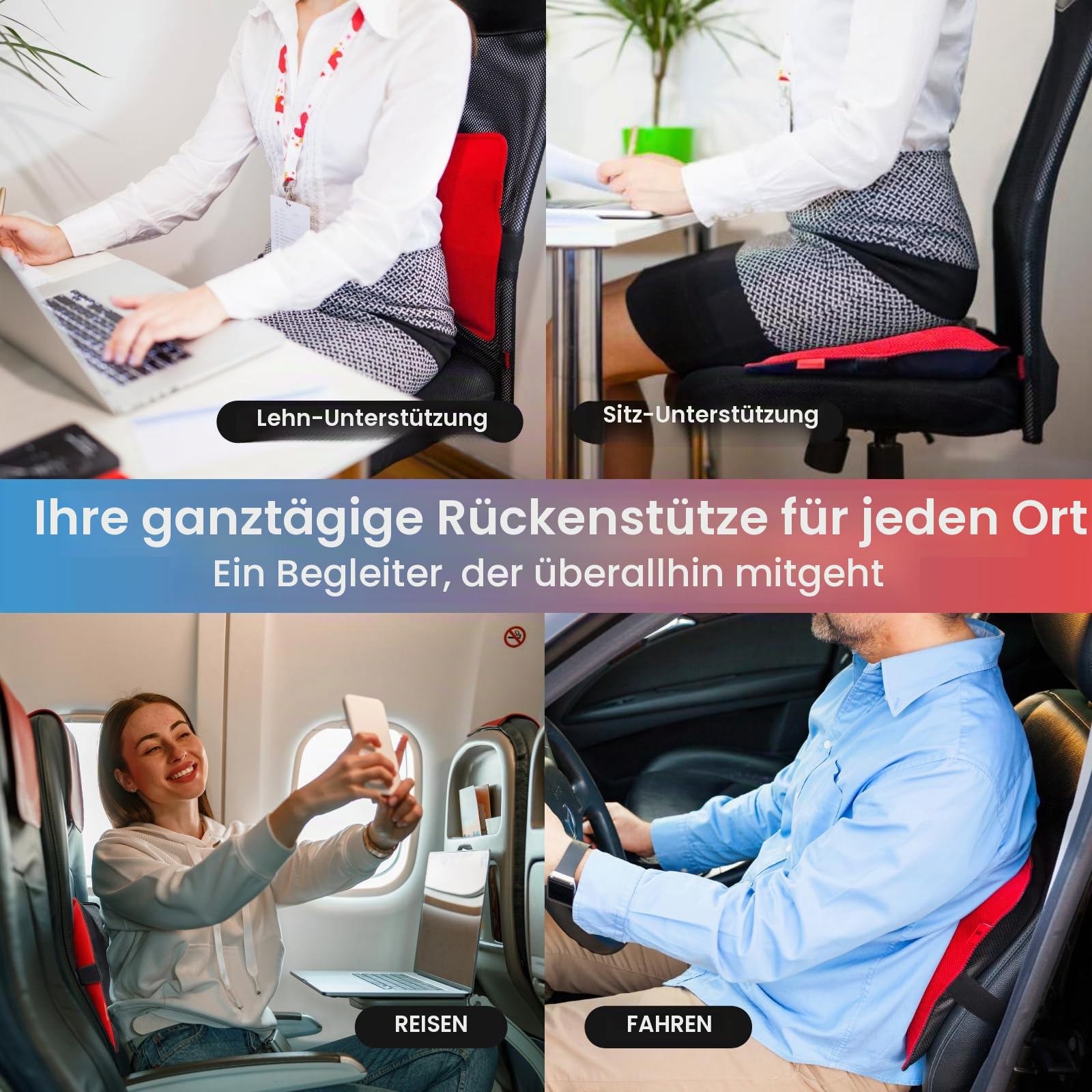 Ajuvia Back Vitalizer Lendenwirbel-Stützkissen - Stufenlos stützverstellbares Ergonomisches Luftpolster für Bürostuhl & Auto - Atmungsaktiv, Anti-Schwitzen - Unterstützt die Sitzhaltung