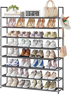 Shoe Rack, 8-Tier Shoe Organizer, Sturdy Storage Shelf with Adjustable Mesh Shelves, Free Standing Shoes Organizer for Front Door Entrance, Closet & Entryway (Black)