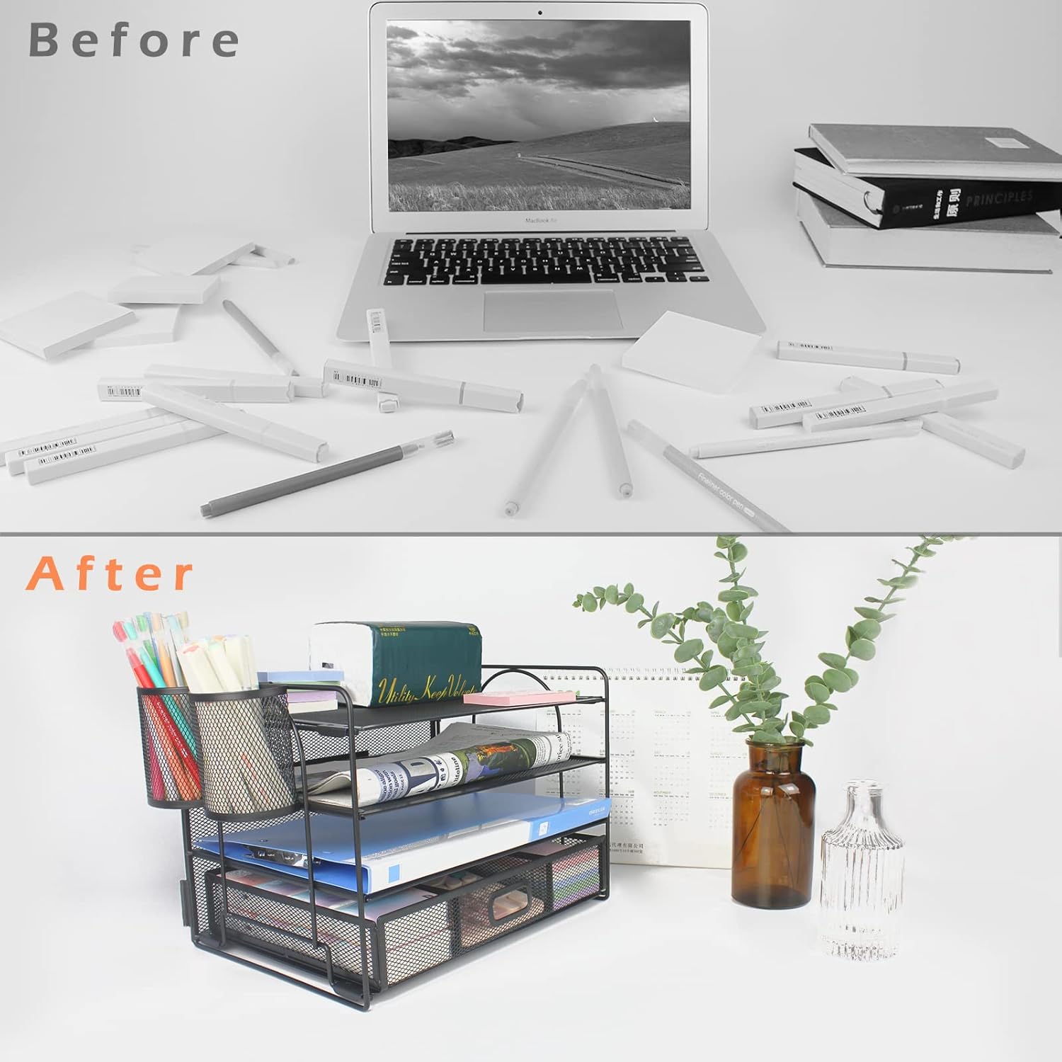 FancoYard Desk Organizers Set, Mesh Office Supplies Paper File Organizer for Desk with Pen Holder, Notebook, Pencil Storage Accessories with 4 Trays + Sliding Drawer, Black : Office Products