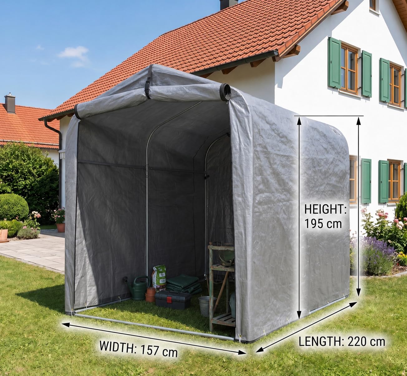 Garage À Vélos Extérieur: Abri de Rangement pour 1 à 3 Vélos ou 1 Moto, Cadre en Acier Galvanisé, 4 Piquets en U, 220 x 157 x 195 cm