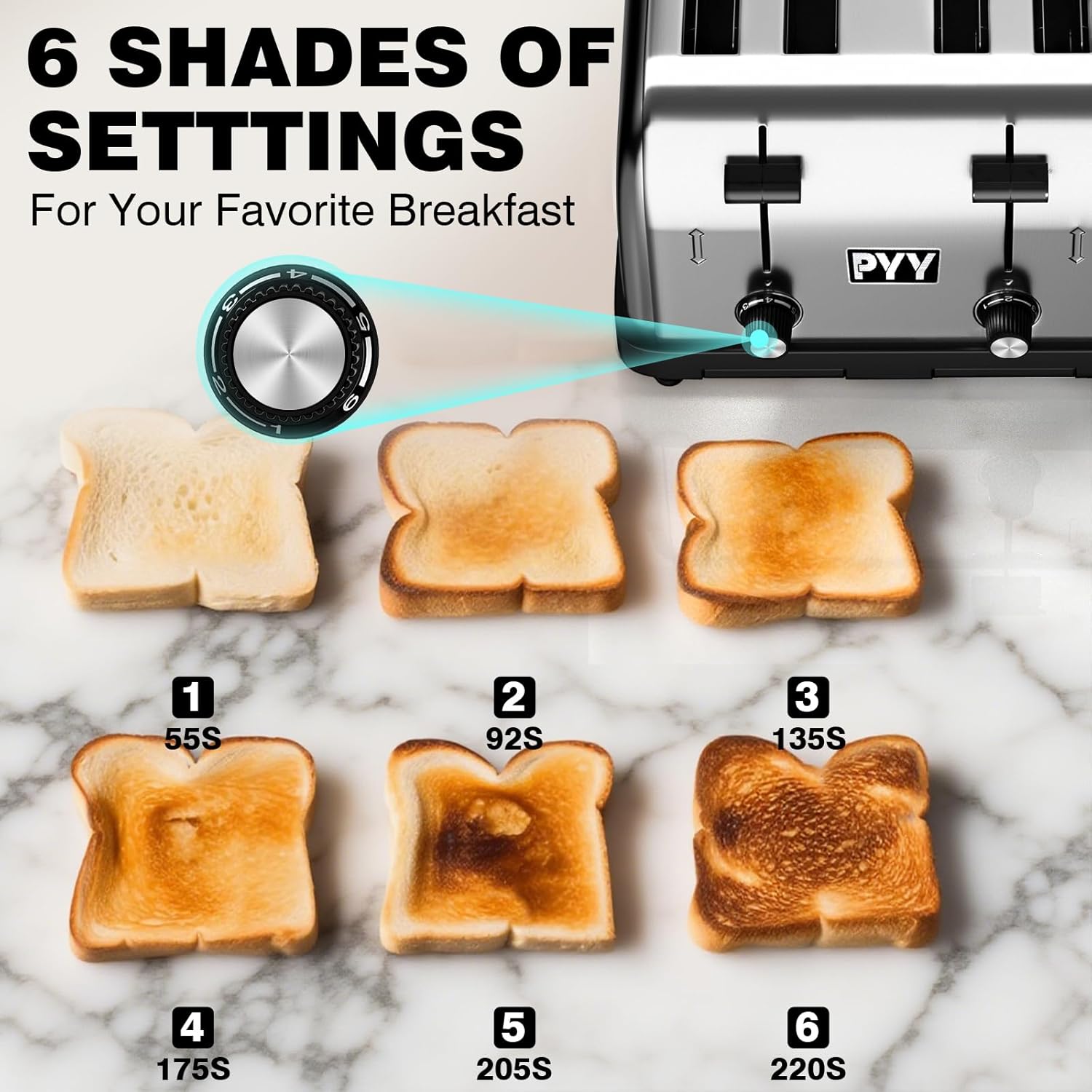 PYY Commercial Toaster 4 Slice for Restaurant - Wide Slots 1.57 inch Stainless Steel 6-Level Setting, with Removable Crumb Tray, 225 Slices/Hour 1800W - Bread, Bagels, Breakfast, Texas Toast