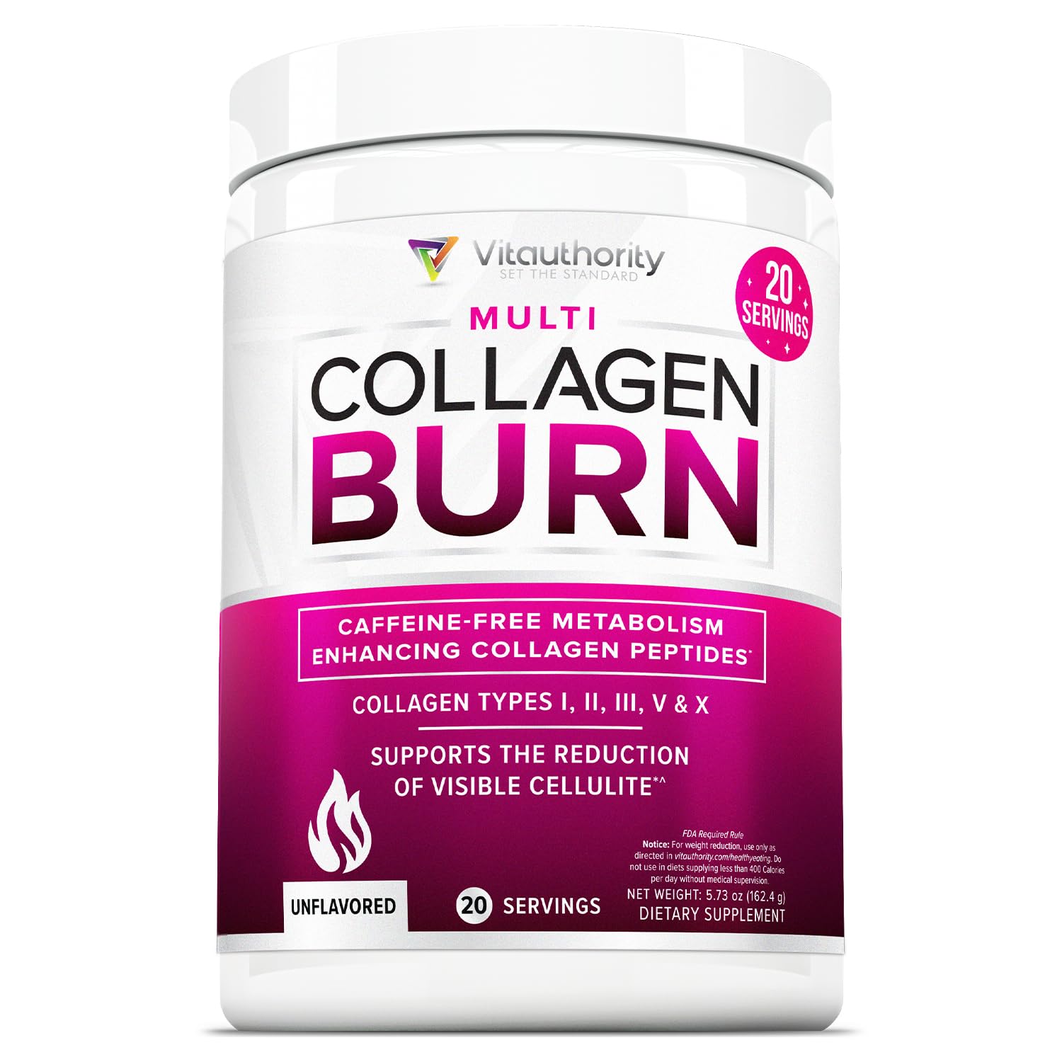 Hydrolyzed Collagen Powder for Weight Loss - Collagen Burn Ultimate Beauty Complex Multi Collagen Peptides Powder for Women with Types I II III V and X for Fat Burning Support - Unflavored 20 serving