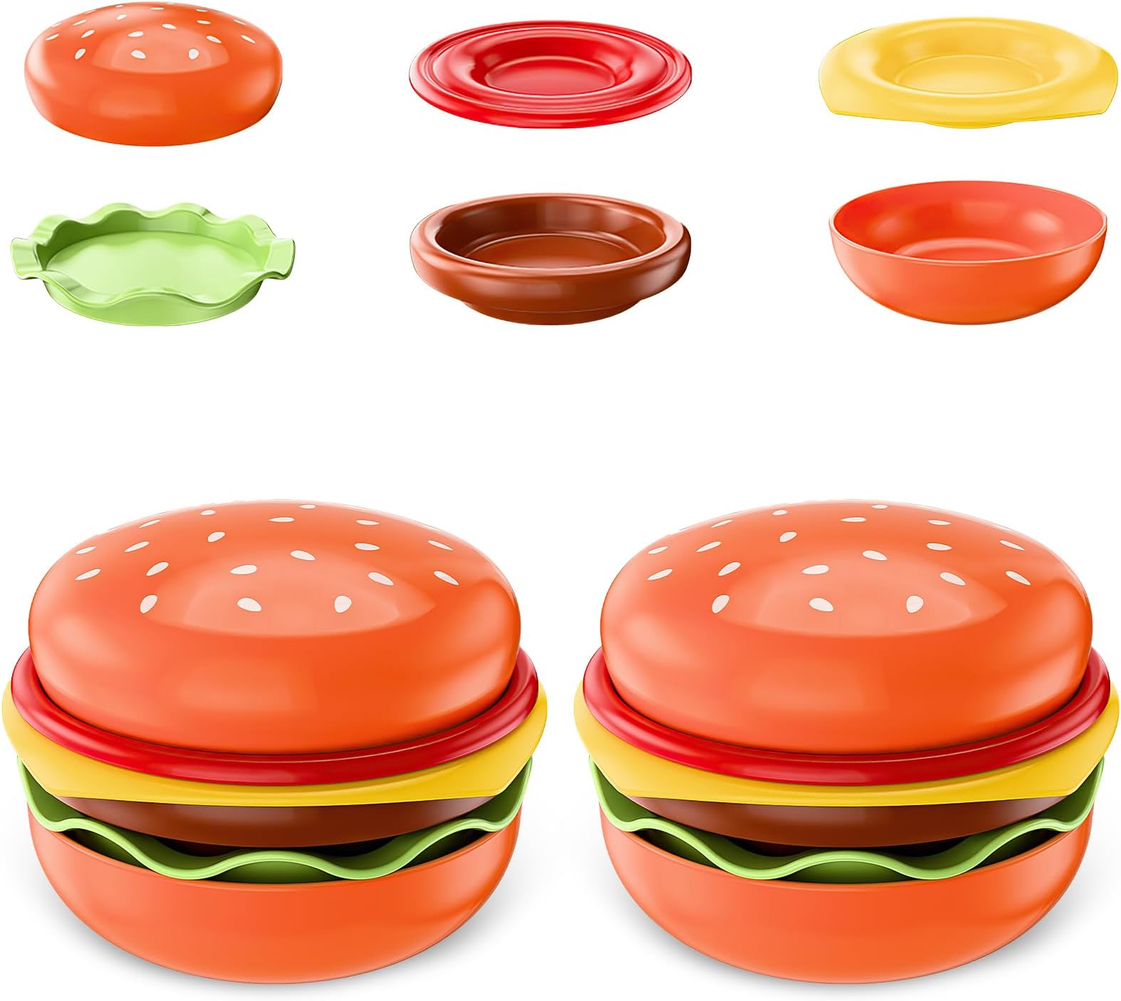 2-Pack Burger-Shaped Plastic Condiment Dishes, 6-Compartment Sauce Plates, Stackable Mini Snack & Dipping Bowls