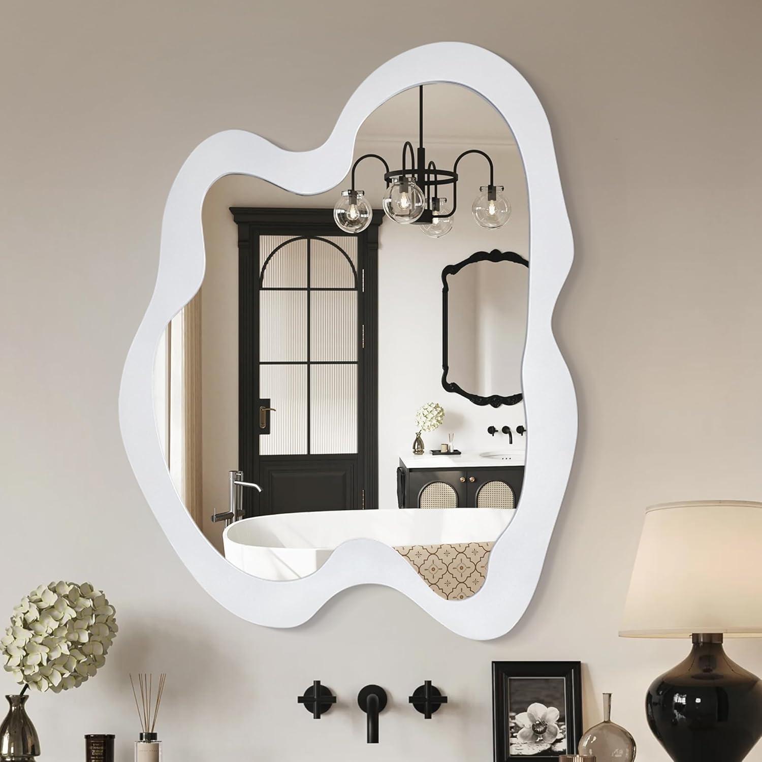 28"x 36" Asymmetrical Wall Mirror, White Irregular Wall Mirror with Wood Framed, Modern Unique Accent Mirror, Decorative Mirror for Bathroom, Bedroom, Living Room, Entryway, Hall