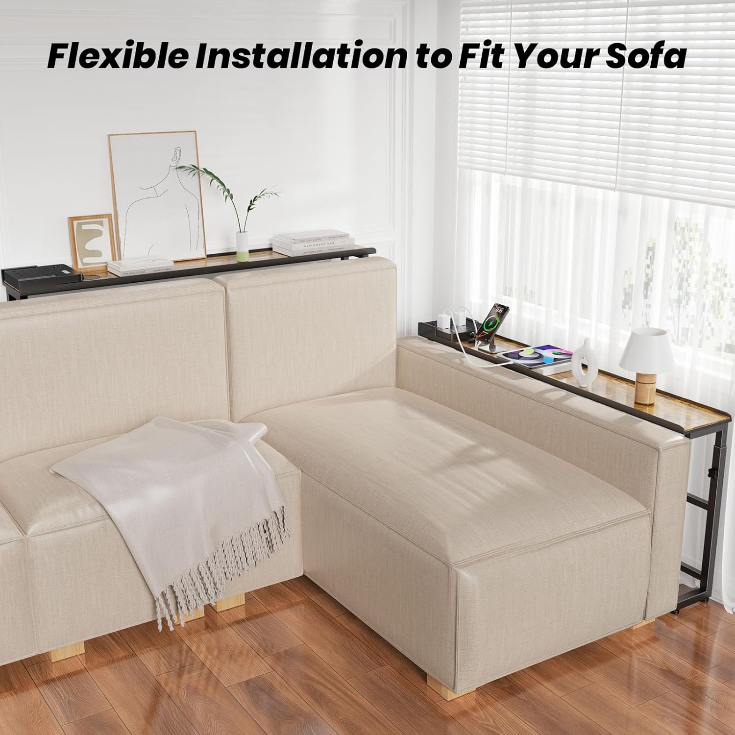 SENBOWE 39.4" Behind Couch Table with Power Outlets - Adjustable Height Narrow Sofa Table for Living Room, Skinny Console Table Behind Sofa with USB & AC Ports, Space-Saving