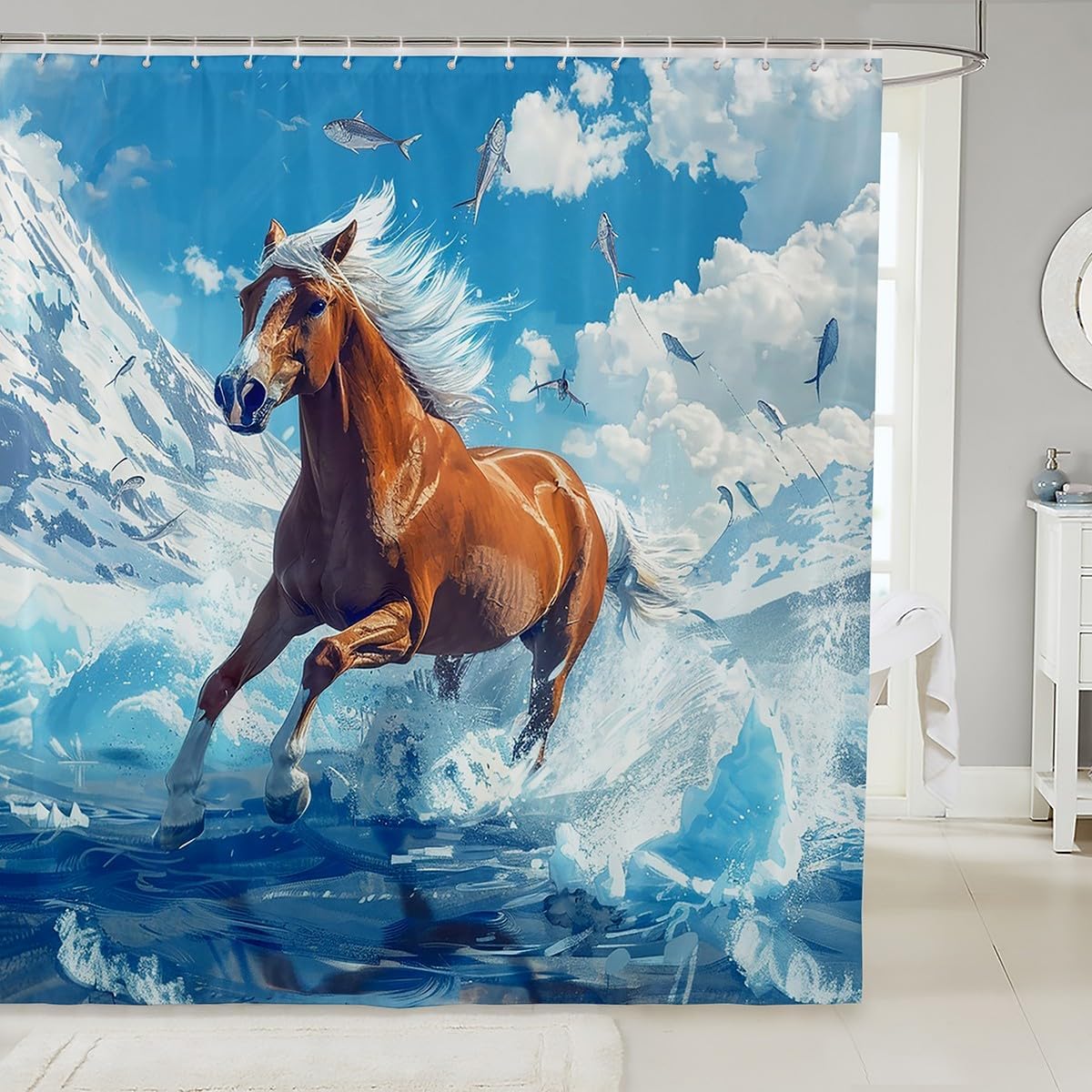 Feelyou Kids Horse Bath Curtain Galloping Horse Shower Curtain Boys Girls Wild Animal Bathroom Shower Curtain Set Western Farm Teens Bathroom Accessories Room Decor 72"x84"