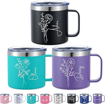 Personalised Insulated Coffee Tumbler 12/14oz Engraved Stainless Steel Coffee Mug with Name Logo Text Custom Travel Mug with Handle and Lid Tumbler Gift for Women, Men, Friends