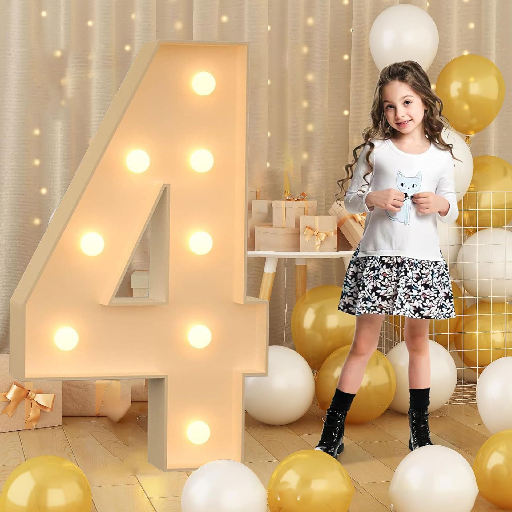 Segnale Luminoso LED Gigante Numero 4 - 120 Cm, In KT Board, Per Decorazione Compleanni, Feste E Eventi - 4