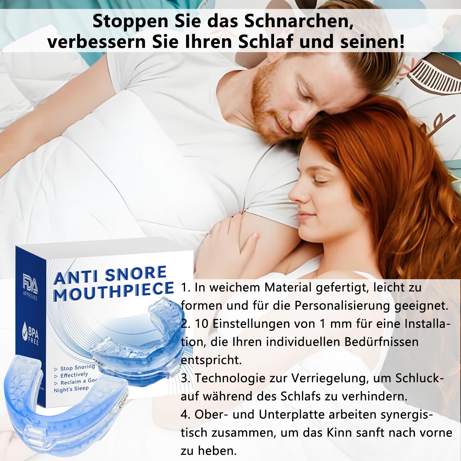 Anti-Schnarch Mundschutz Verstellbare Aufbissschiene gegen Schnarchen Knirschen Schlafqualität Mattblau