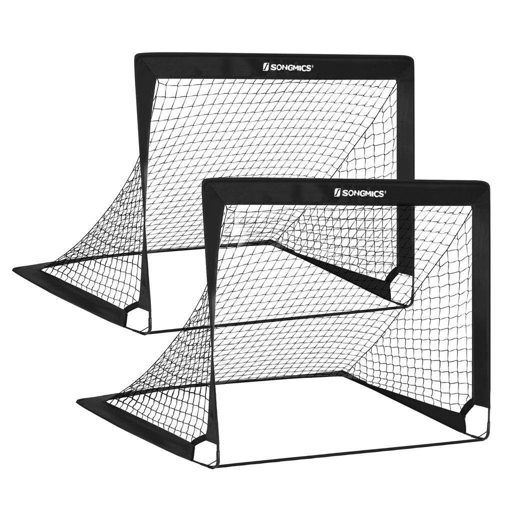 SONGMICS Set di 2 Porte da Calcio Pieghevoli per Bambini, Montaggio Veloce, in Giardino Parco Spiaggia, in Fibra di Vetro Elastico, Tessuto Oxford e Poliestere