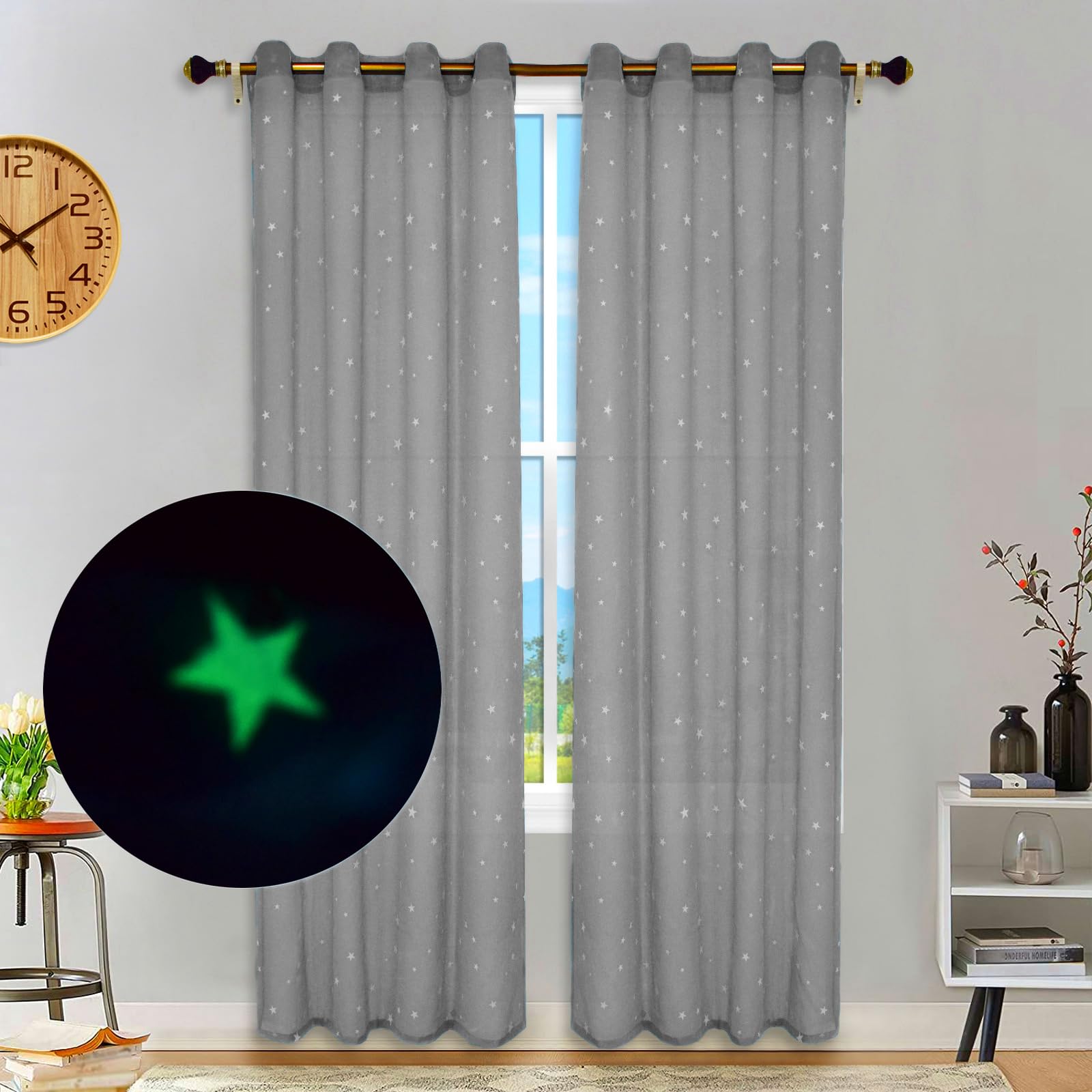Cortinas de Estrellas Que Brillan en la Oscuridad, Cortinas de Metal de 96 Pulgadas de Largo para la Decoración de la Habitación de los Niños, 2 Panels/Grey