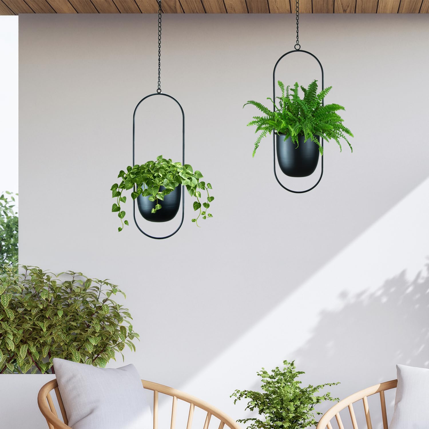 Metall-Pflanzgefäße zum Aufhängen, 2 Stück, schwarz, oval, geometrisch, Pflanzenhänger mit Topf, moderner Wand- und Decken-Pflanzgefäß für Innen- und Außenbereich, 15.2 cm Topf, 2 Stück