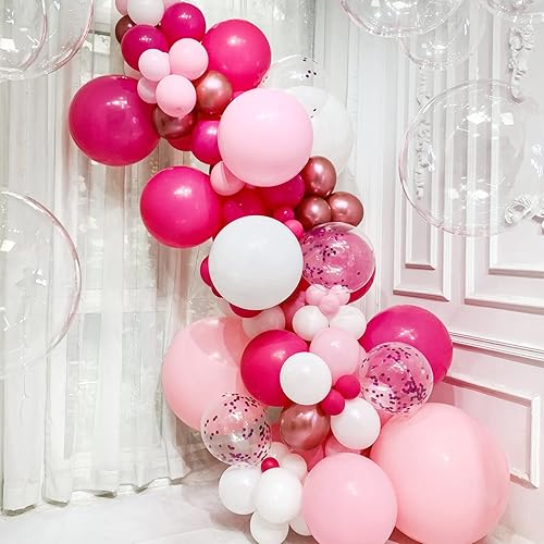 Miniatura 3 de Kit de arco de globos rosados, 150 globos de confeti rosa intenso y blanco para feliz cumpleaños, San Valentín, madre, niña, baby shower, decoración