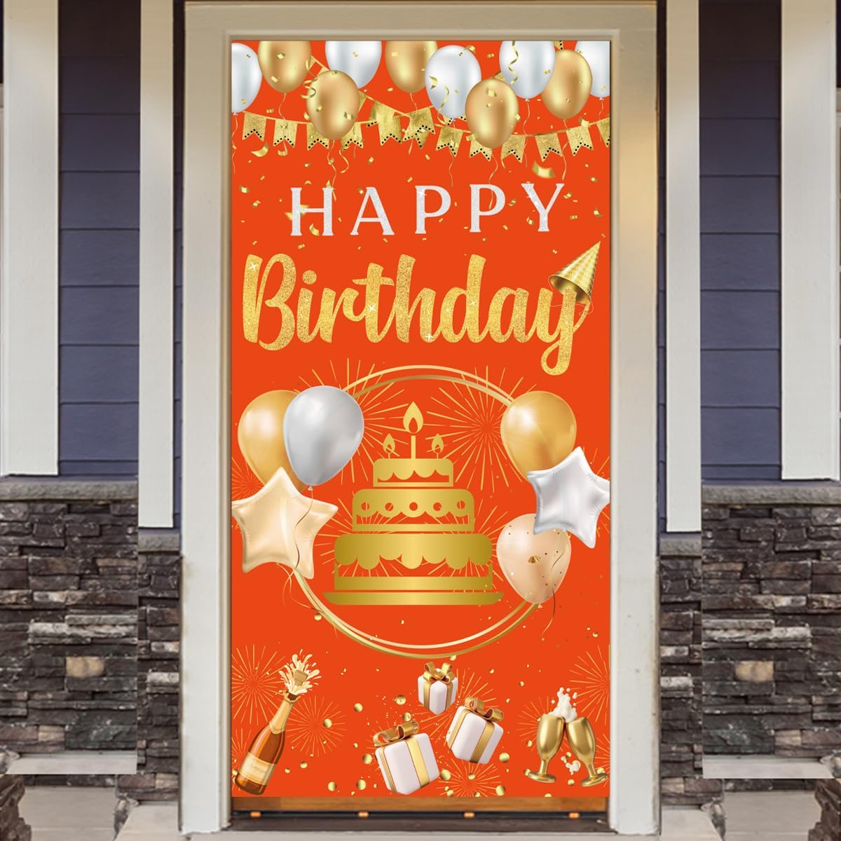 Happy Birthday Door Banner Orange Gold Large Birthday Banner Cover Backdrop for Kids Boys Girls Birthday Party Supplies Indoor Outdoor Decor