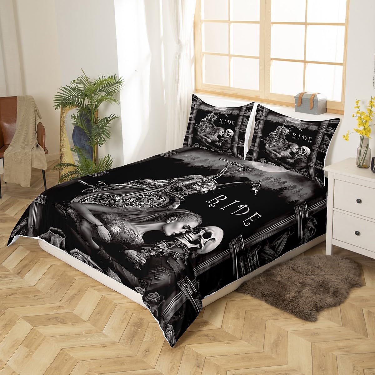 Double Duvet Cover Set Skull and Beauty Kiss 3D Print Bedding Sets with 2 Pillowcases,Lightweight Soft Microfiber Gothic Motorbike Skull Quilt Cover Set including Zipper Closure 3 Piece (200x200cm) - Image 2