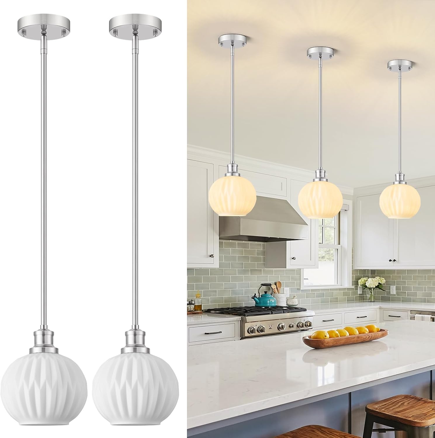 Brushed Nickel Pendant Lights Kitchen Island 2 Pack, 7.3" Milk Glass Modern Pendant Light Fixtures with Rods, Globe Hanging Lighting for Kitchen Sink Bathroom Dining Room, E26 Base