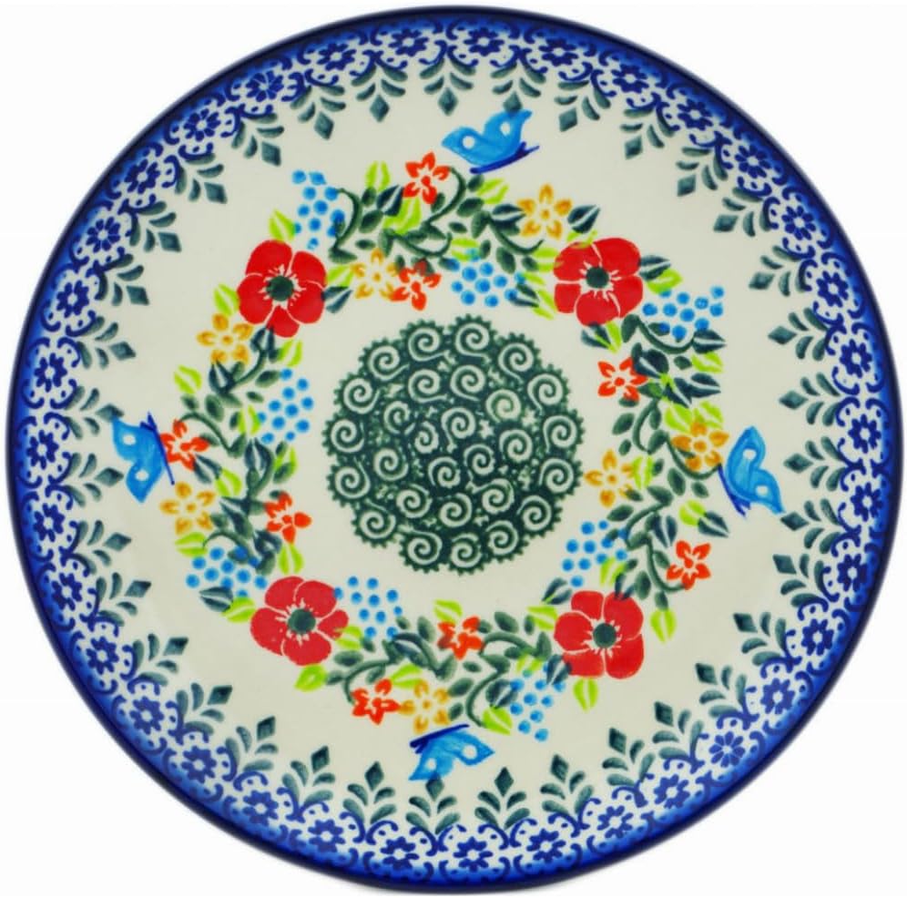 Polmedia Polish Pottery Dessert Plate - Ring Of Meadow Flowers Pattern Handmade in Boleslawiec Poland by Ceramika Bona + Certificate of Authenticity