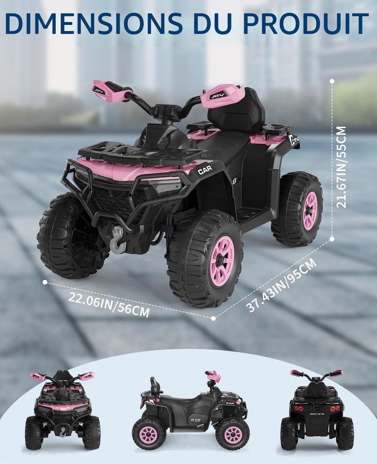 Quad Électrique Enfant 12V avec Musique et Phares, Voiture Électrique à Double Moteur avec USB et Bluetooth, Vitesse 3-5 km/h, Véhicule Tout-Terrain à Batterie pour Enfants 3+ Ans, Rose
