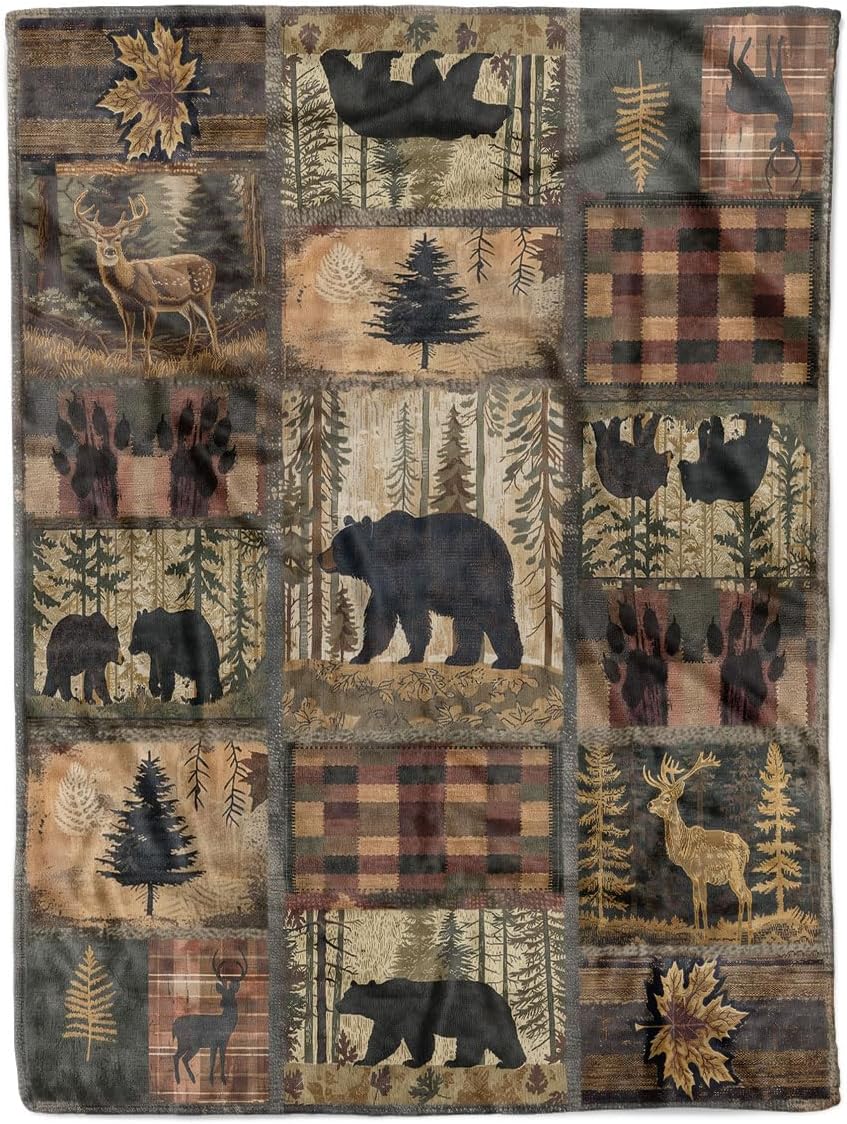 Retro Rusticd Blanket, Lodge Bear Moose Deer Country Farmhouse, Soft Plush Fleece Throw Blanket for Men, Cozy Pattern for Hunting Enthusiasts & Outdoorsmen, Gift for Bed, Cabin & Travel, 60" x 80"