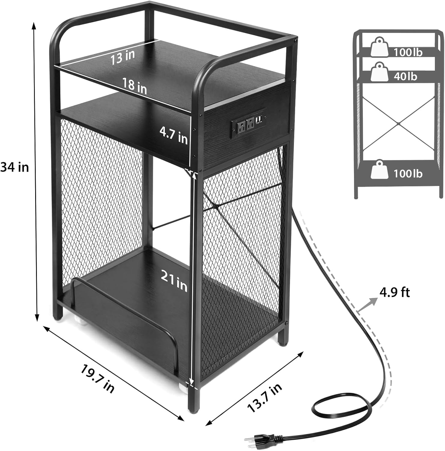 3-Tier Printer and Shredder Stand with Pull Out Shelf, 20" L x 14" W x 34" H Floor-Standing Printer Shredder Stand with Power Outlet, Printer Stand with Shredder Storage, Office Storage Rack