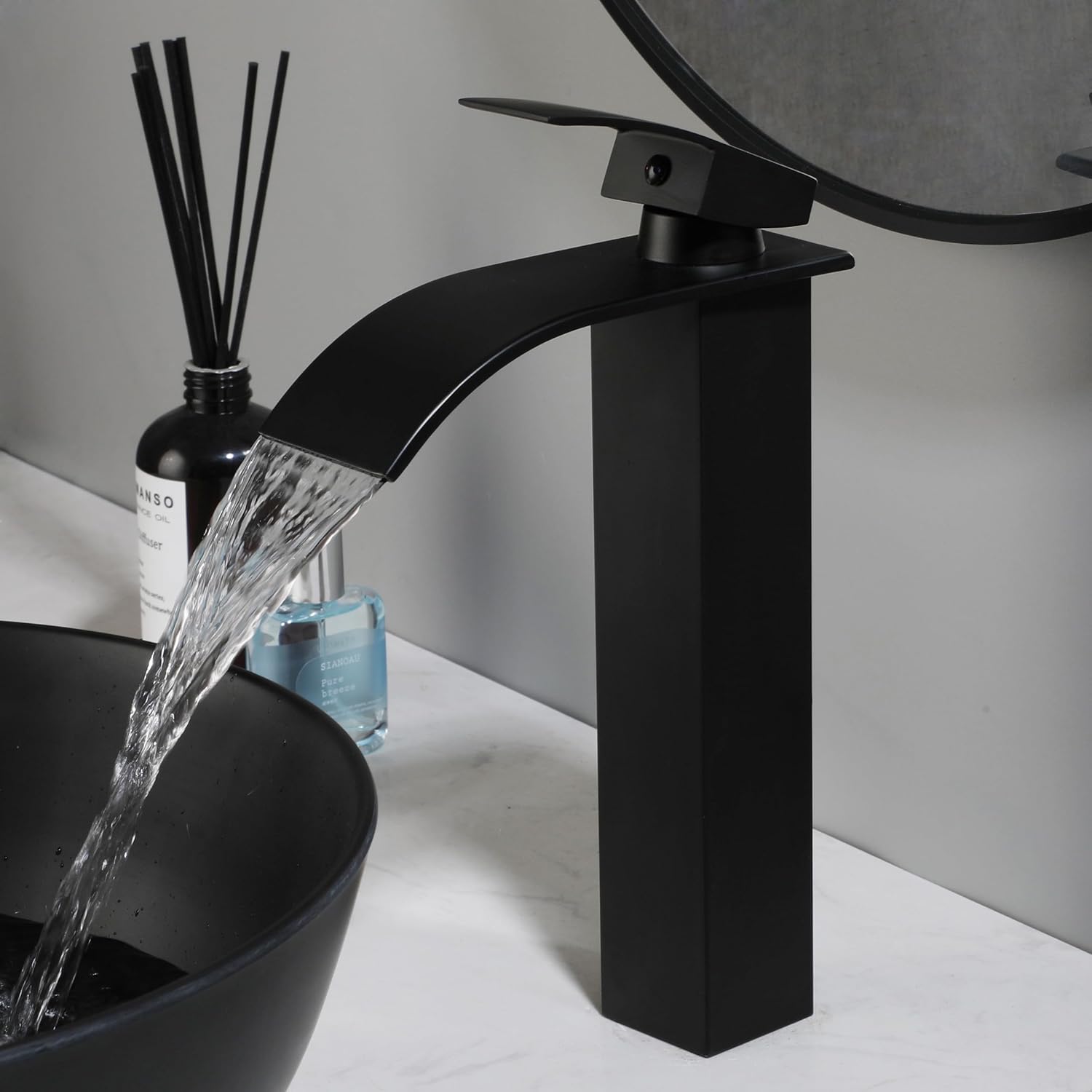 Matte Black Bathroom Vessel Sink with Waterfall Faucet and Pop-Up Drain Combo,13 Inch Stone Resin Vessel Sink Above Counter Round Bathroom Sink Bowl with Mixer Tap