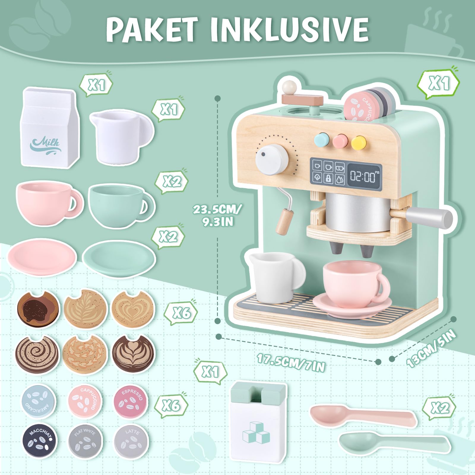 YOOHBERRYS Kaffeemaschine Kinder Holz, 22 Stück Kinderküche Kaffeemaschine, Espressomaschine Holzspielzeug mit Mühle, Spielküche Zubehör kaffeeservice Rollenspiele Geschenk für Kinder ab 3 Jahre