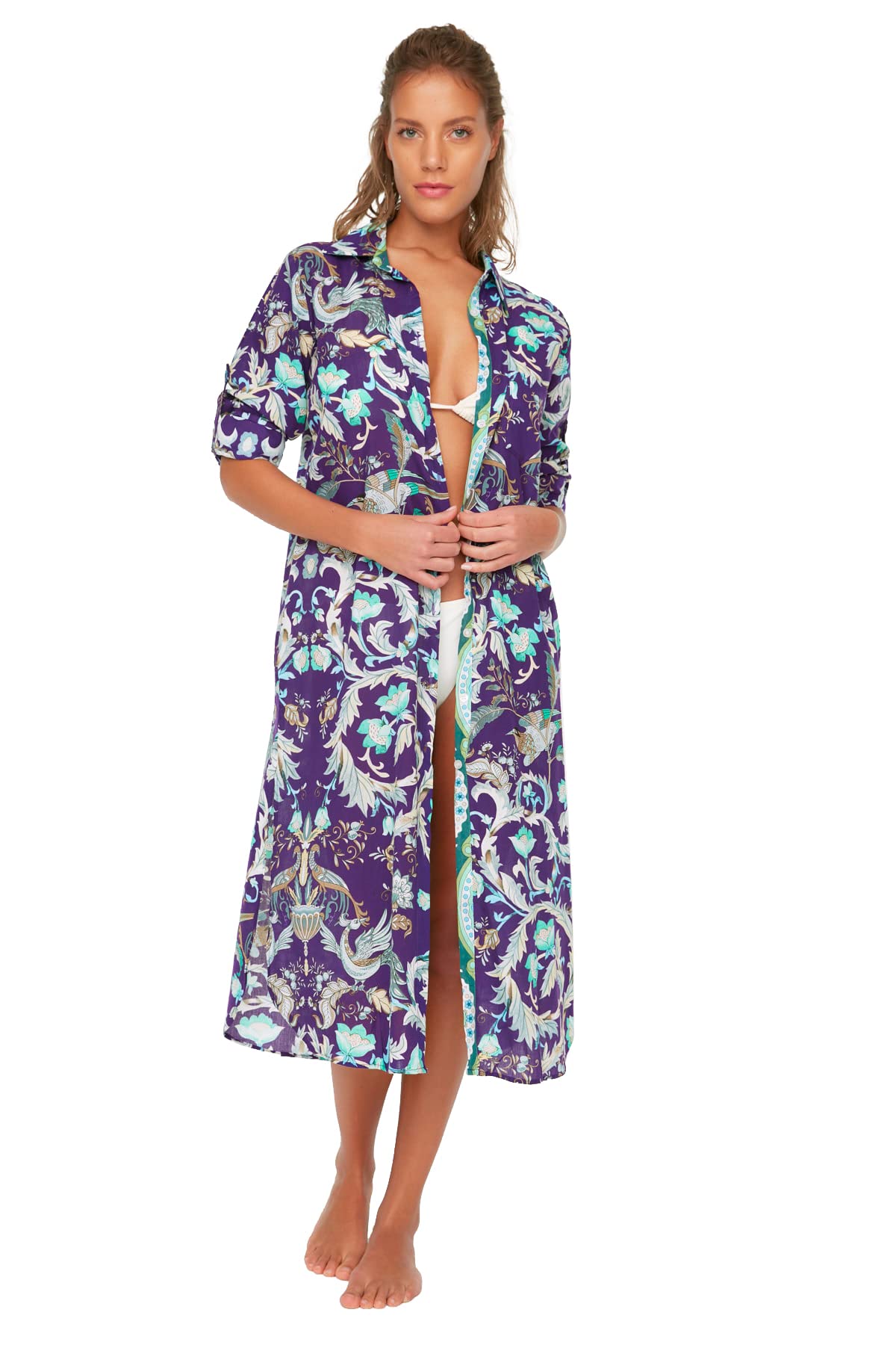 Trendyol Women's Floral Pattern Voile Kimono and Kaftan, Multi Colour, M