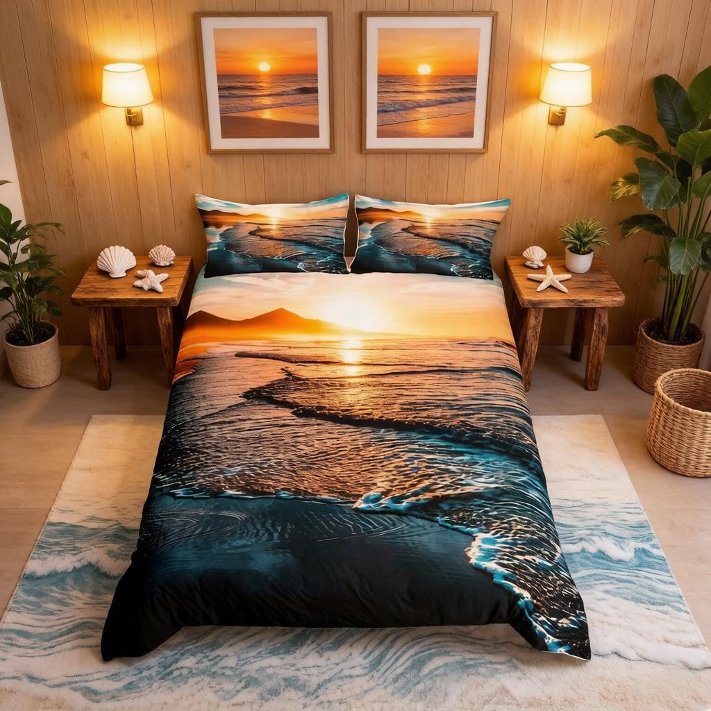 Loussiesd Beach Themed Bedding Set for Girls Boys Hawaiian Ocean Children Comforter Cover Sea Sunset Scenery Duvet Cover Summer Holiday Vacation Bedspread Double Size 3Pcs Bedclothes
